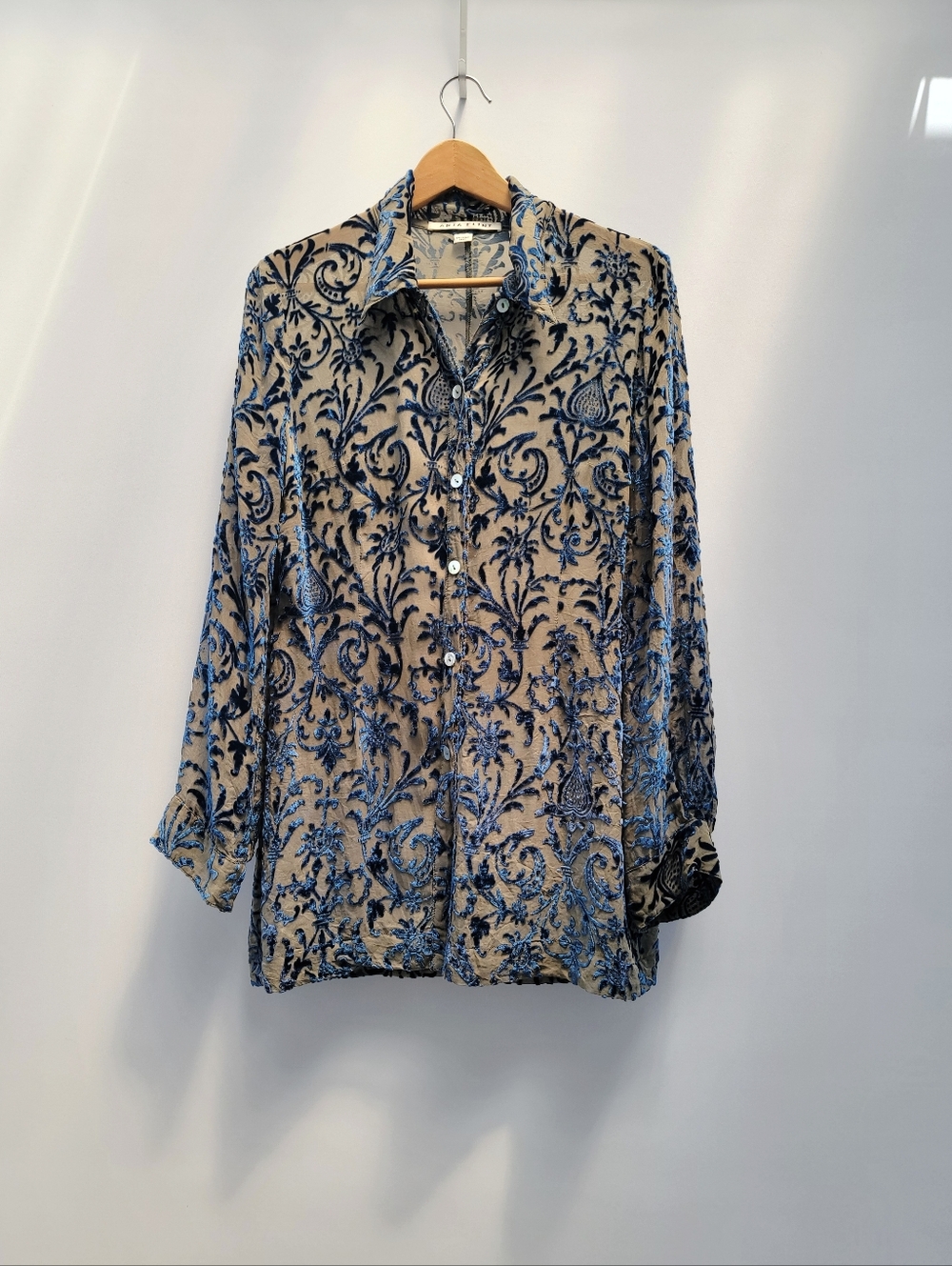 Anja Flint Vtg 90s Blue Floral Velvet Burnout Blouse Size Medium Lagenlook Boho